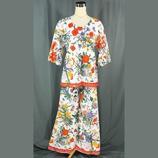 Vintage Colorful Floral Shirt Tunic Top and Wide Leg Pants Set S M 1970s Whimsy