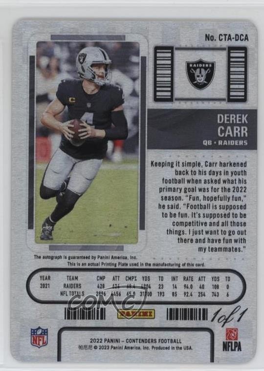 2022 Panini Contenders Veteran Ticket Printing Plate Yellow 1/1 Derek Carr Auto view 2
