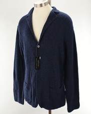 THE MENS STORE Navy Melange Notched Lapel Wool Button Cardigan Sweater LARGE NWT