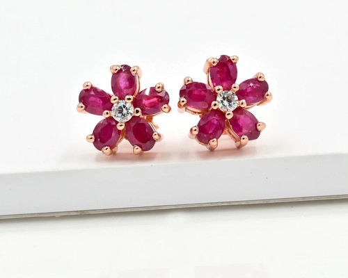 2 CT Oval Lab Created Pink Ruby Flower Shape Stud Earring 14K Rose Gold Finish - Picture 3 of 5