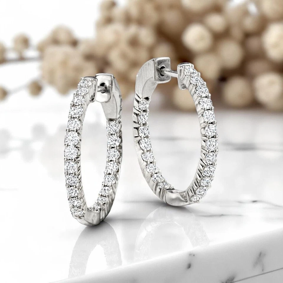 Diamond Women Hoop Earring 14k White Gold Lab Grown 1.00 Ct Round  0.75 inches - Image 3 of 4