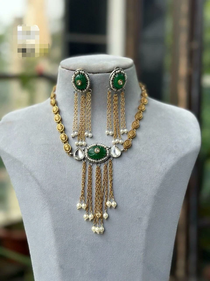 Juego de collar esmaltado real Kundan Bollywood chapado en oro verde joyería hecha a mano Foto 3 de 4