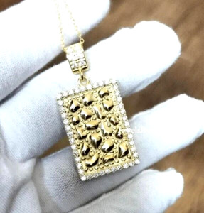 Authentic Men's Nugget Dog Tag Real Diamonds Charm Pendant 925 Sterling Silver Gold Plated