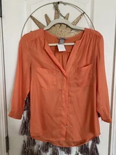 H&M Women’s 3/4 Sleeve Top Blouse Shirt Size 4 Pockets Orange