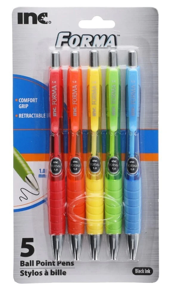 Inc. Forma Retractable Ball Point Pens 1.0 mm Pack of 5 Asst. Color Black Ink