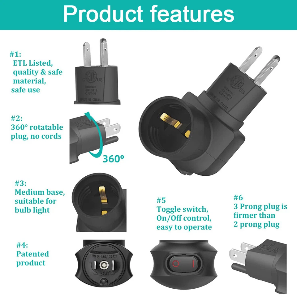 E26/E27 3 Prong Light Bulb Base Socket 360° Rotatable US Standard Lamp Holder - Image 2 of 4