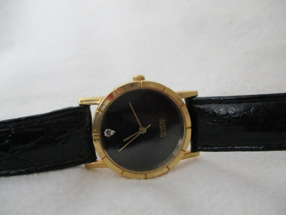 Diamond Watch Black Genuine Leather Buckle Band Round Face  display picture 3