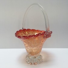 Vintage Murano Peach Twisted Handle Controlled Silver Fleck Basket Italian Glass