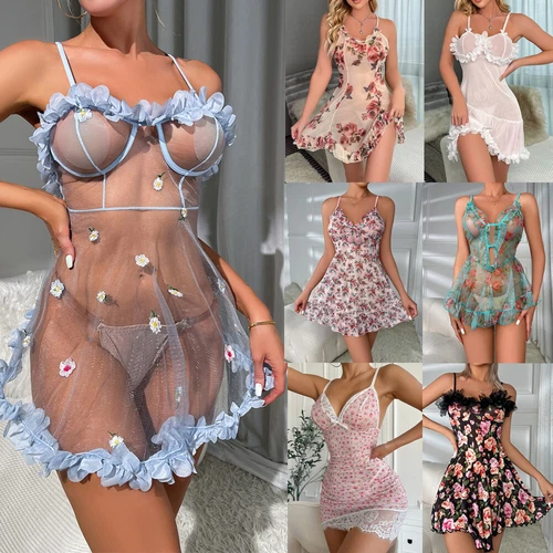 Sexy Spaghetti Strap Lingerie Womens Lace Skirt Sleepwear Deep-V Dress G-string - Picture 2 of 115