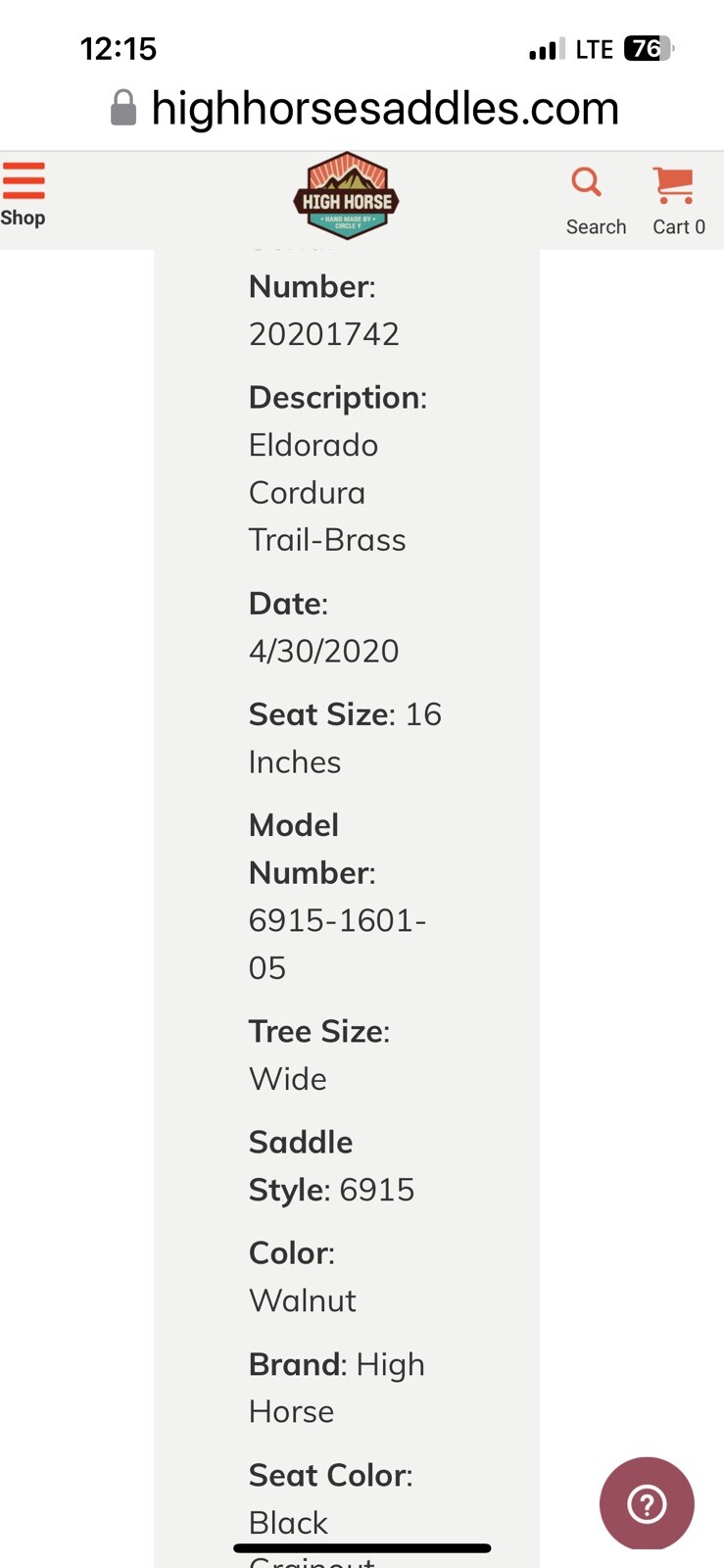 High Horse Eldorado Trail Saddle 16 Inch Wide Tree Brown. Used 4 Times