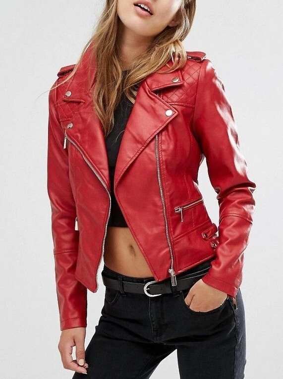 Red Women's Lambskin Soft Real Leather Jacket Motorcycle Slim fit Biker  Jacket