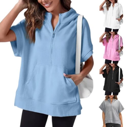 Womens Casual Short Sleeve Hooded Sweatshirt Zip Loose Pullover Hoodies Tops UK - Picture 3 of 44