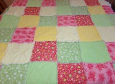 FLANNEL RAG QUILT w/ Batting 56x48 Patchwork Reversible Yellow Gingham  Florals