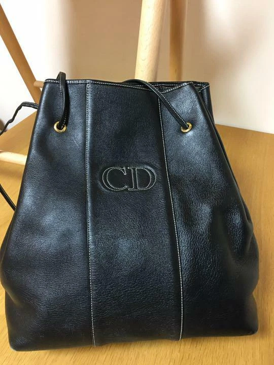 Auth Christian Dior Handbag Shoulder Bag Black Solid Leather Itary