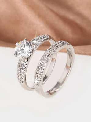 2 PCS CZ Ring Set Women Engagement Wedding Band Cubic Zirconia Jewelry Gift USA