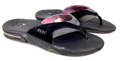 Reef Womens Fanning Size 8 Grey Black Bottle Opener Arch Support Comfort Sandals