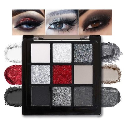 Smokey Black Red Eyeshadow Palette,9 Colors Dark Shimmer Matte Metallic Makeu...