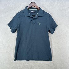 Barbour Polo Shirt Mens Medium Blue Pique Cotton Crest Logo Casual Classic