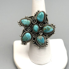 Southwest Turquoise Sterling Silver Ring Size 8 Adjustable Cluster 17.25g
