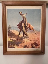 Vintage Western Bucking Bronco Cowboy Print Framed Rodeo Wall Art With Mat