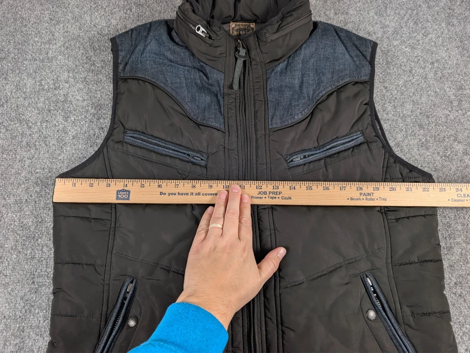 Diesel Wemil Puffer Vest Mens XL Black Blue Denim Hybrid Hideaway Hood - Image 4 of 4
