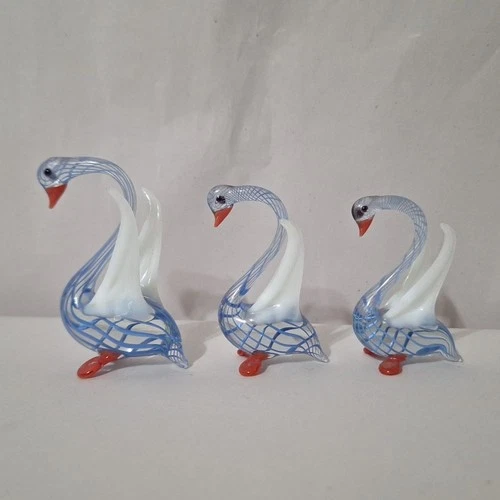 VTG Murano Style Hand-Blown Glass Bird Figurines Swan Trio- 3 Mini Set