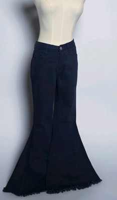 Hope Horizon Blue Flared Fringe Denim Jeans Button Distressed Women's Large