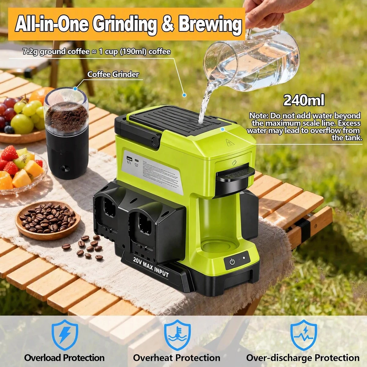 Cafetera inalámbrica para Ryobi 18V batería cafetera de goteo con molinillo