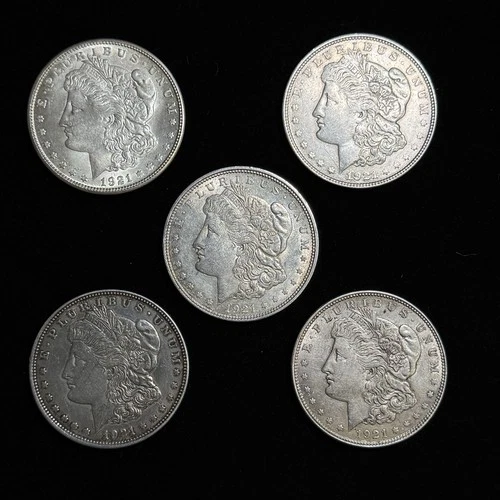 5 Lot - 1921 Mixed Morgan Dollars - EF-AU Condition - 90% Silver Dollar