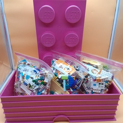 LEGO Pink Storage Brick Box 8 Knob + 6 lbs Bulk LEGO Pieces Lot