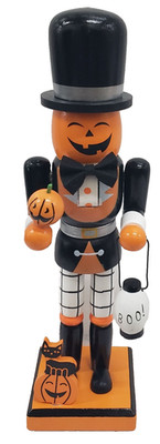 Wooden Nutcracker, 9.5'', HALLOWEEN, PUMPKIN FACE IN BLACK HAT & BLACK CAT