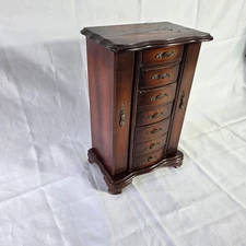 Vintage Wooden Jewelry Armoire Chest 6 Drawers Side Doors Mirror Organizer