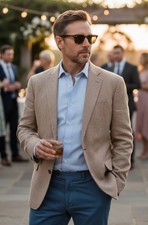 Stafford Men's Blazer 42R 44R Linen Blend Tan Jacket Coat Spring Wedding Attire