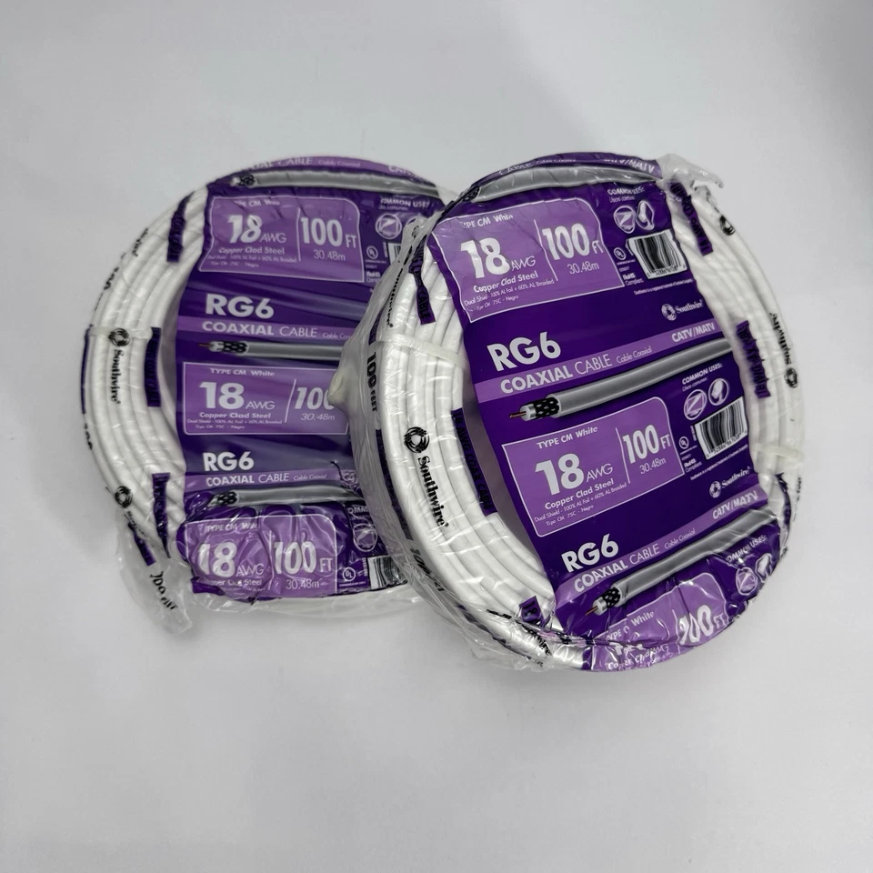 Bobina de cable coaxial Southwire RG6-Dual Shield 18 AWG blanco 100 pies - paquete de 2 - ¡Nuevo! Foto 2 de 4