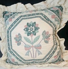 Vintage Quilted Floral Throw Pillow Ruffle Edge Pink Green Blues Granny Cottage