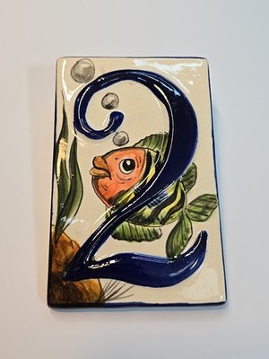 ''2'' Handpainted Clay Tile House Number Made in Mexico