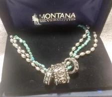 Montana Silversmiths Triple Row Beaded Necklace Dangle Rings Turquoise Silver !