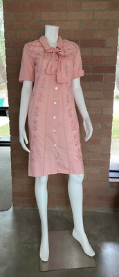 Vintage SHORT SLEEVE BUTTON FRONT DAY DRESS La Aguja Clara Guandique PINK 
