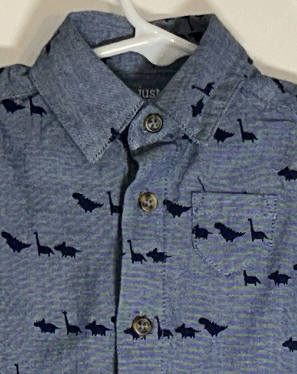 Just One You Baby Boy NB Top Short Sleeve Button Down Blue w/ Dinosaurs Pocket - Image 3 of 4