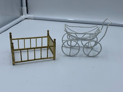 Vtg Metal Brass Color Baby Crib Metal Stroller - Main Image