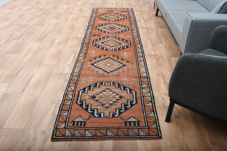 Alfombra de corredor turca 3x12 pies, NARANJA WIDE RUNNER, Oushak Runner, alfombra de lana, única Foto 4 de 4