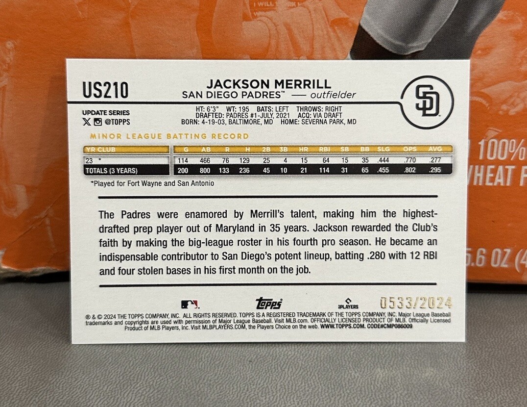 2024 Topps Update Jackson Merrill Gold /2024 RC San Diego Padres US210