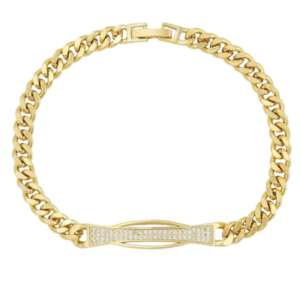14K YELLOW GOLD FILLED CRYSTAL LINE BAR DIAMOND CUT CURB CHAIN BANGLE BRACELET - Image 4 of 4