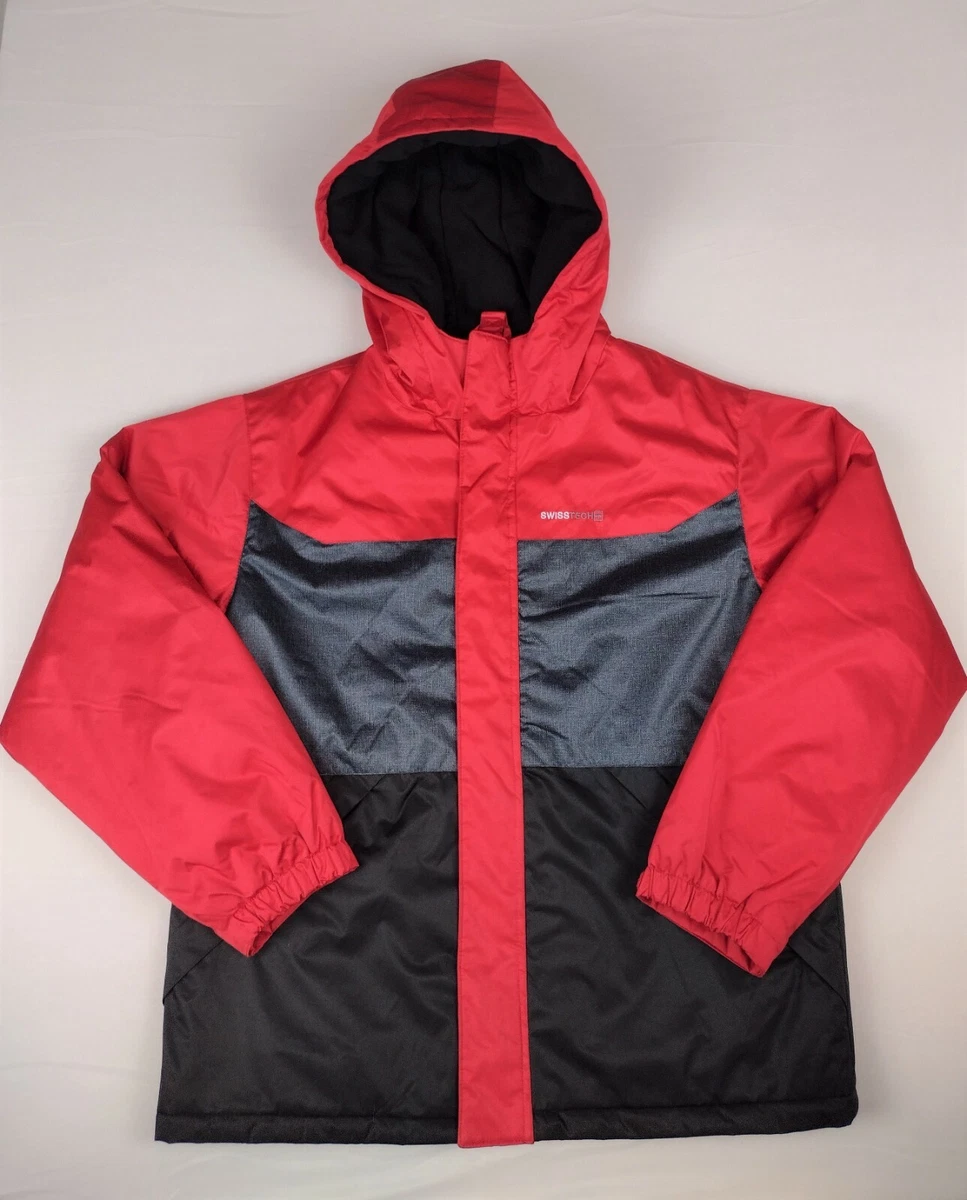 Swiss Tech Jacket Red Black Hooded Zippered Coat Boy s Size XL