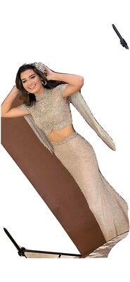 Sherri Hill Size Gold two piece fringe Full length