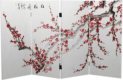 3 Ft. Short Double-Sided Plum Blossom Canvas Room Divider for Elegant Spaces