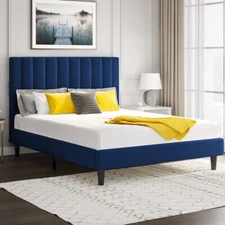 Queen Size Vertical Channel Velvet Upholstered  Platform Bed & Headboard, Blue