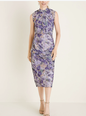 NWT Chicos Purple Abstract Print Mesh Ruched Midi Dress Sz 1 Mock Neck  Cocktail | eBay