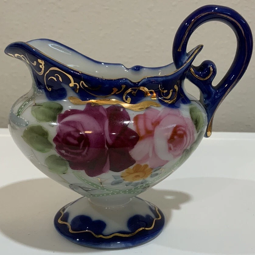 Antiguo juego de té floral Nippon E-OH Bone China Japón pintura a mano azul cobalto dorado Foto 3 de 4