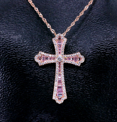 JTV BELLA LUCE PiNK CZ CRYSTAL HALO CROSS PENDANT 18'' ROSE GOLD 925 NECKLACE
